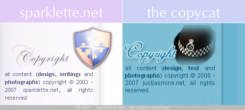 Side-by-side comparison of sparklette.net and the copycat site, justjasmine.net Side-by-side comparison of sparklette.net and the copycat site, justjasmine.net