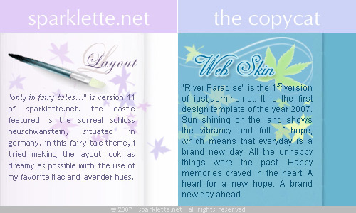 Side-by-side comparison of sparklette.net and the copycat site, justjasmine.net Side-by-side comparison of sparklette.net and the copycat site, justjasmine.net