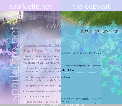 Side-by-side comparison of sparklette.net and the copycat site, justjasmine.net Side-by-side comparison of sparklette.net and the copycat site, justjasmine.net