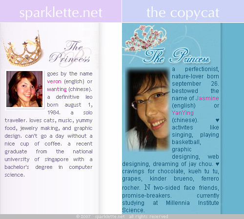 Side-by-side comparison of sparklette.net and the copycat site, justjasmine.net Side-by-side comparison of sparklette.net and the copycat site, justjasmine.net
