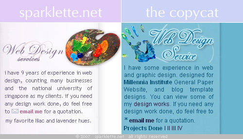 Side-by-side comparison of sparklette.net and the copycat site, justjasmine.net Side-by-side comparison of sparklette.net and the copycat site, justjasmine.net