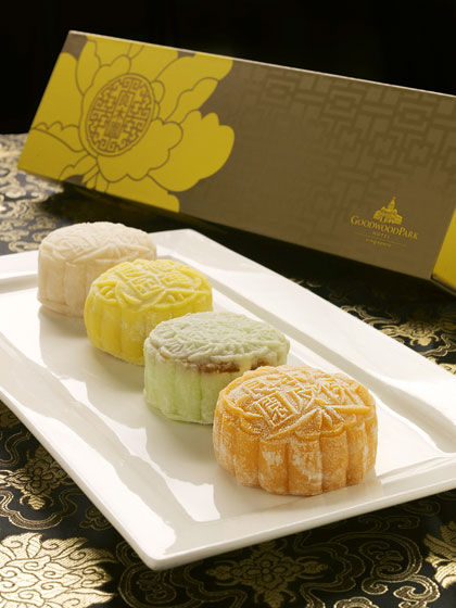 Cempedak, apple, durian and mango snowskin mooncakes from Goodwood Park Hotel, Singapore