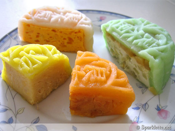 Cempedak, apple, durian and mango snowskin mooncakes from Goodwood Park Hotel, Singapore