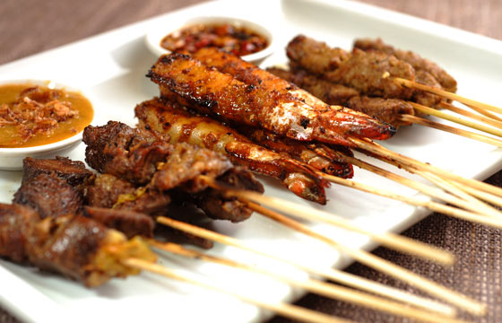 Grilled prawn and veal cheek satay