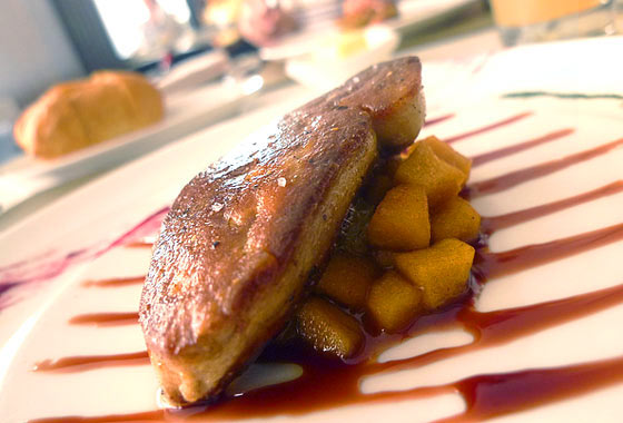 Foie gras with caramelized apples and clove, port and raspberry glaze
