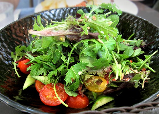 Salad of greens, rocket, cherry tomatoes, Japanese cucumber and edamame