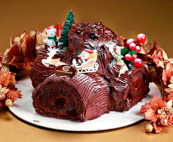 Chocolate & cherries Christmas log cake