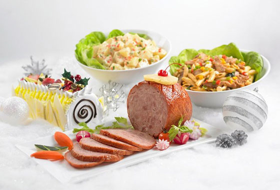 Swensen's Christmas Treats: Honey baked ham / meatloaf, salads, pastas, and an ice cream log cake