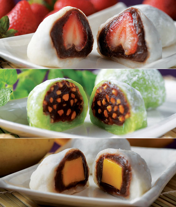 Strawberry, Matcha (green tea) and mango Daifuku (Japanese mochi) from Dessert Ministry, Singapore