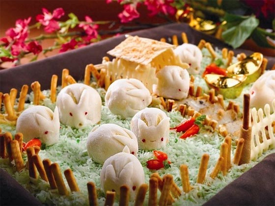 Chinese New Year rabbit-shaped salted egg custard in pan-fried radish cakes from Peony Jade restaurant, Singapore