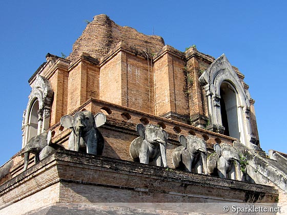 Elephant sculptures at Wat Chedi Luang temple, Chiang Mai, Thailand