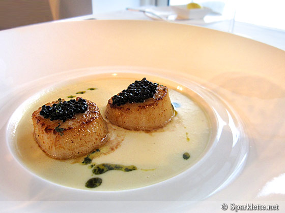 Cream of cauliflower with grilled scallops and smoked caviar