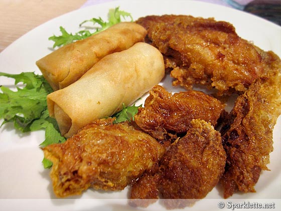 Deep fried spring rolls, chicken wings and Ngoh Hiang
