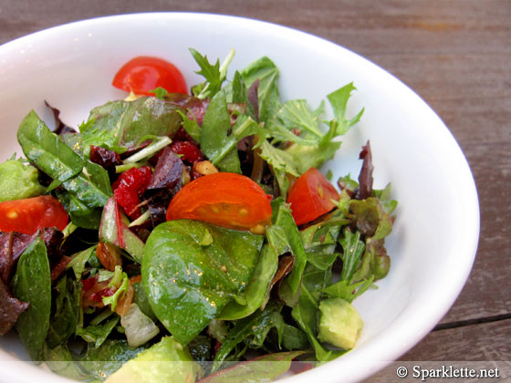 Tomato, pine nut, walnut, bacon bits, avocado, cranberry and mustard dressing