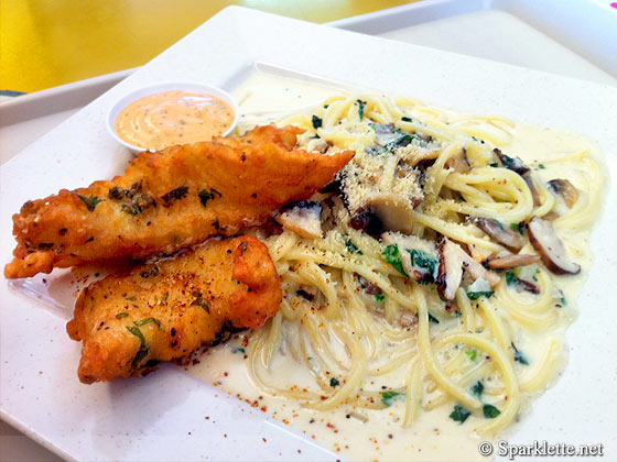 Battered fish creamy mushroom pasta