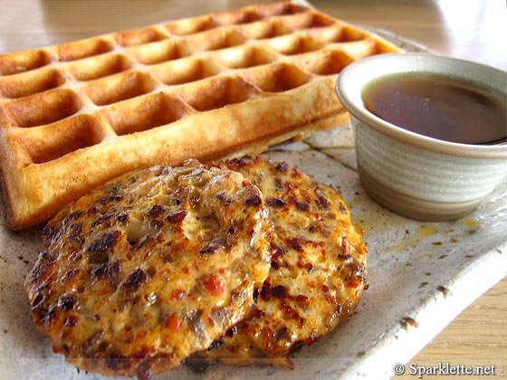 Waffle served with spicy duck sausage patties