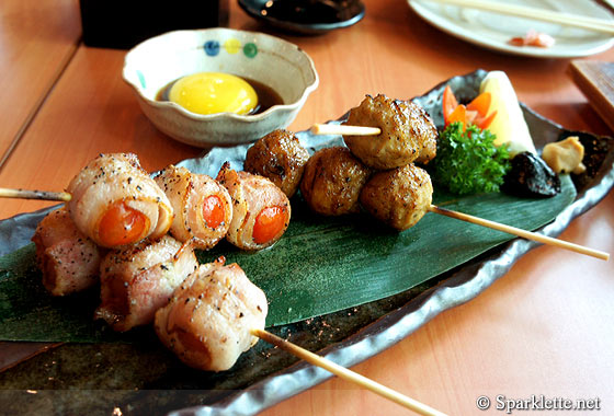 Tsukune and tomato bacon skewers