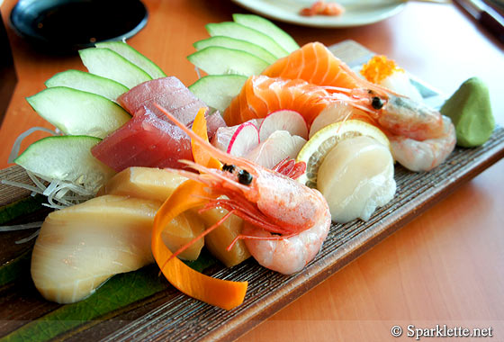 White tuna, tuna, sweet prawn, yellowtail, scallop, salmon and squid sashimi