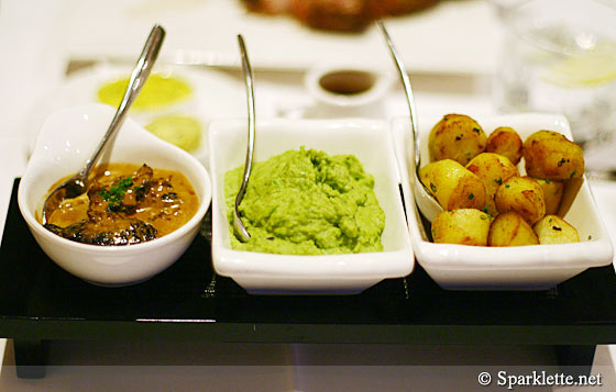 Portobello with morel cream, smashed peas and mint, and truffled kipfler potatoes