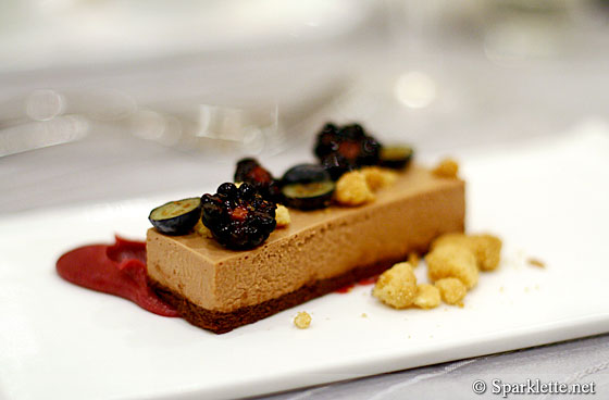 Blackcurrant tea milk chocolate mousse with marinated berries