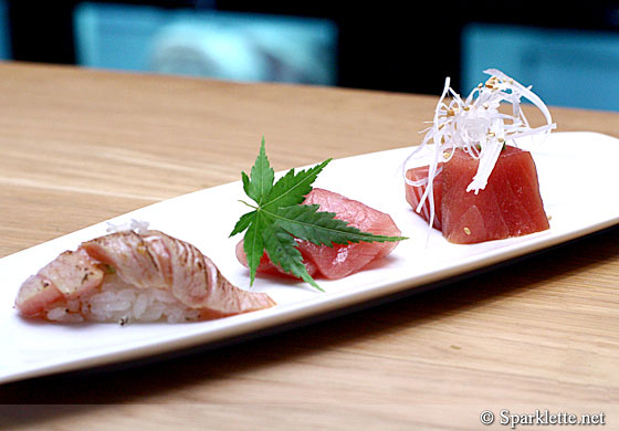 Otoro aburi sushi, chutoro garlic, marinated akami