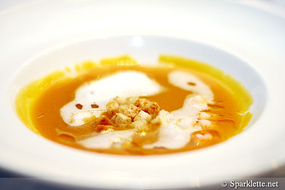 Roasted butternut pumpkin soup with prawns and truffle oil