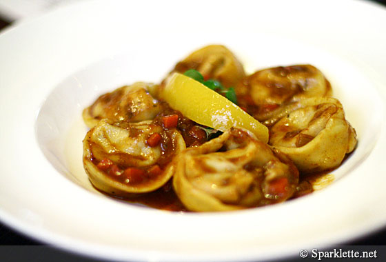 Home-made tortellini filled with hearty veal ossobucco in gremolata sauce
