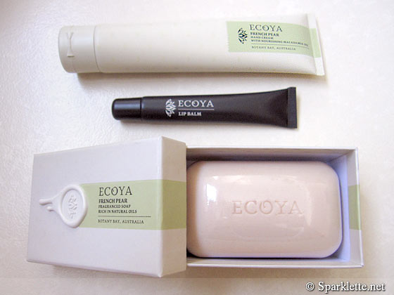 ECOYA French Pear hand cream, lip balm and soap