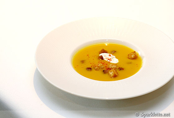 Roasted butternut soup with smoked duck breast, yoghurt cream and maple croutons