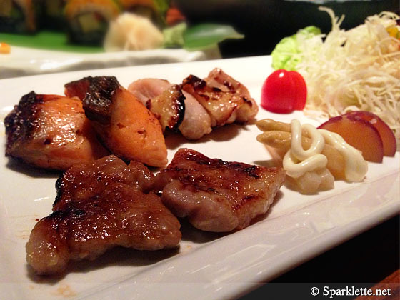 Shiokoji marinated meat platter of Berkshire pork, tender chicken and salmon