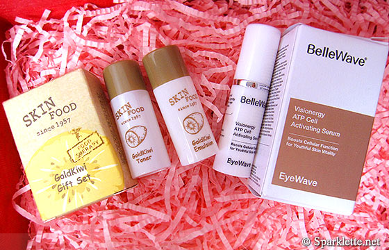 SkinFood GoldKiwi toner & emulsion and BelleWave EyeWave Visionergy ATP Cell Activating Serum