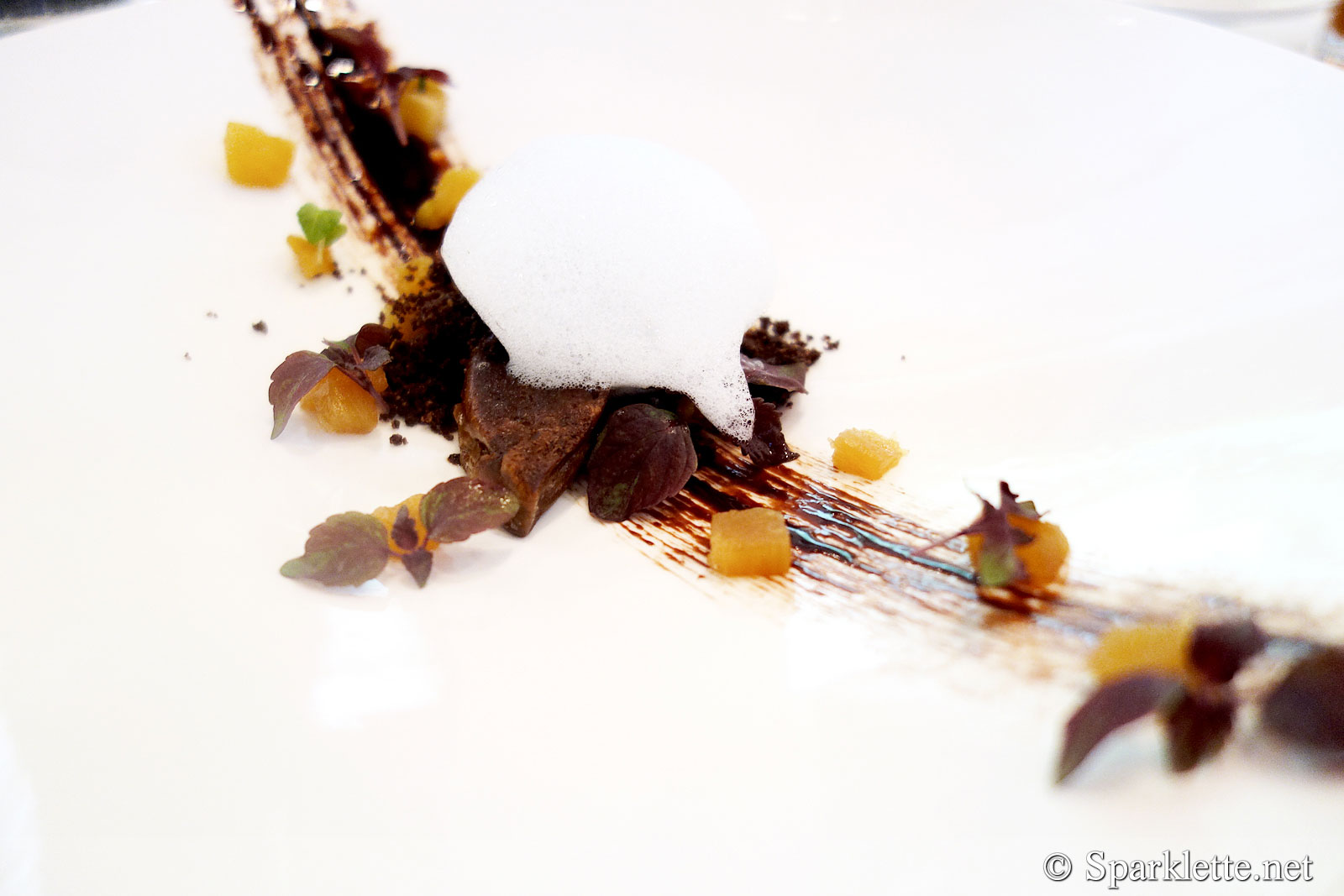 Pan-seared foie gras with chocolate and pineapple foam