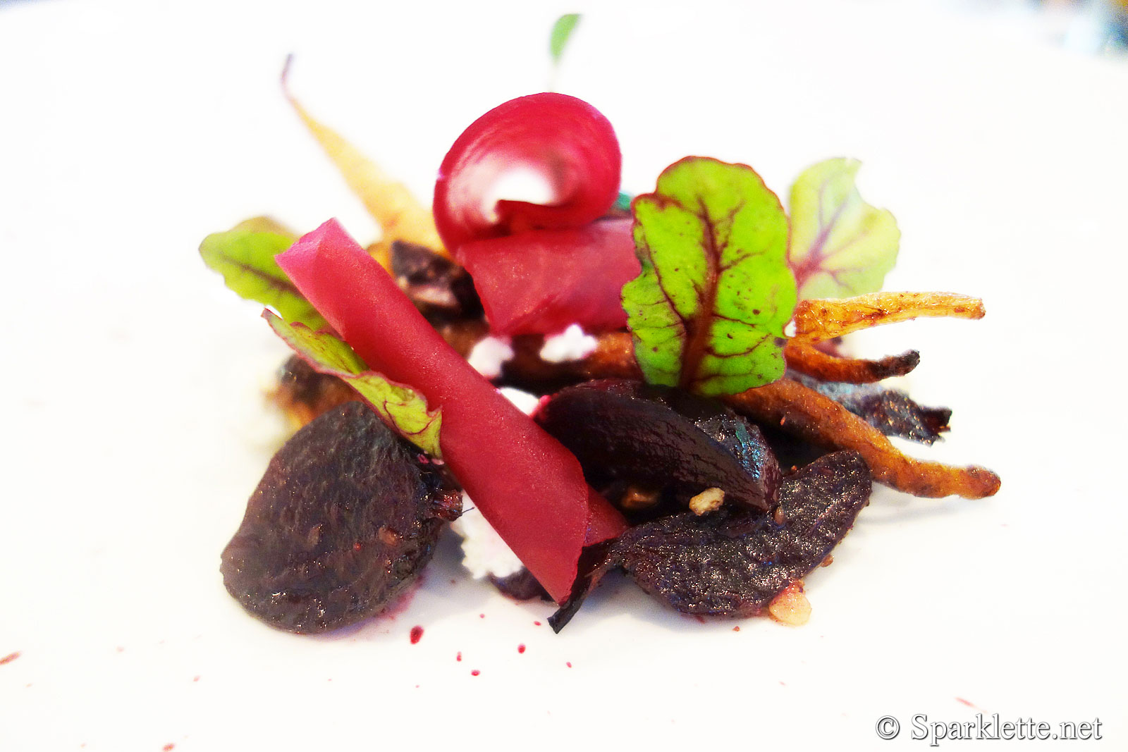 Broken tartlet of heirloom beets and carrots, Meredith goat cheese, caramelised onion, black olive and walnut