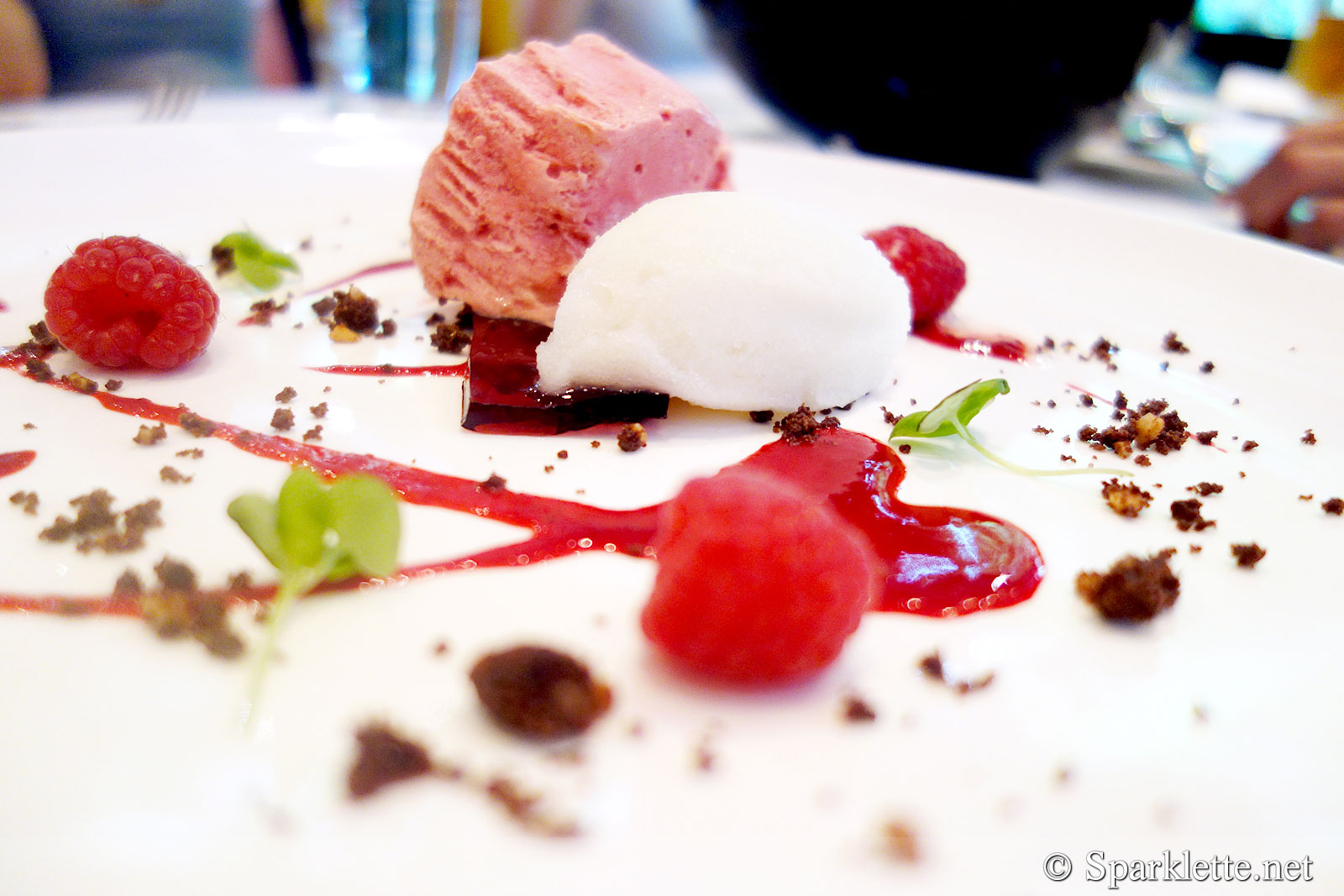 Raspberry, strawberry parfait, lychee & rose sorbet, chocolate crumble, red wine jelly