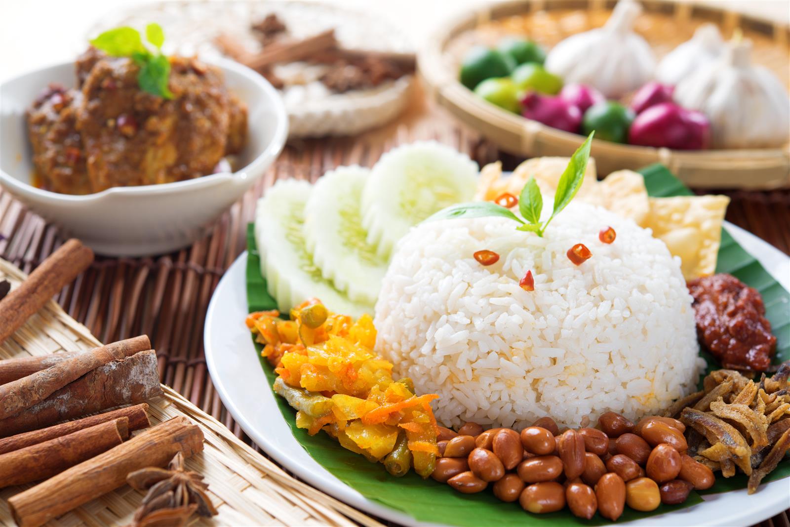 Nasi lemak, served with chicken rendang