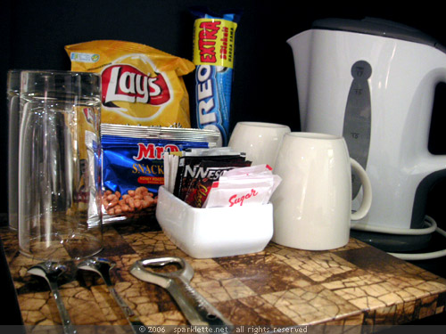 Snacks, coffee, tea, and water heater