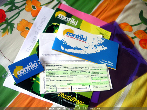Air tickets, hotel voucher and a bunch of brochures