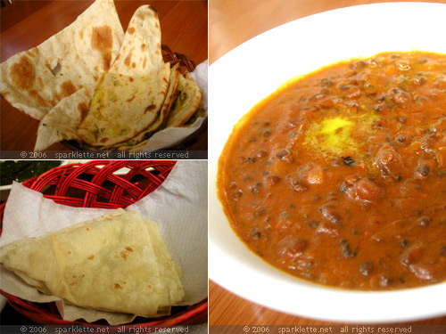 Clockwise from top left:Stuffed & Plain Naan, Dhal, Romali Roti