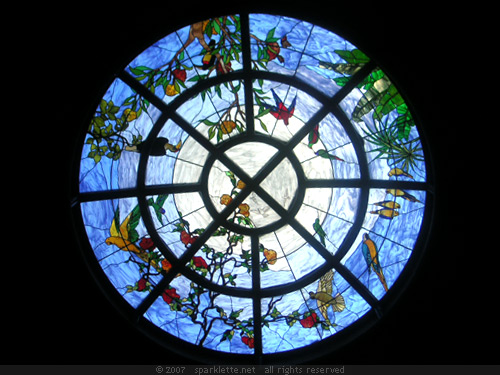 Stained glass dome ceiling with pictures of birds