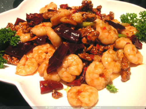 Stir-fried Sze Chuan Prawns with Dried Chili & Walnut