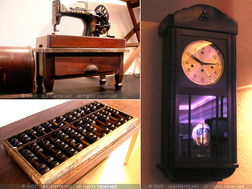 (Clockwise from top left) Sewing machine, Old Grandfather clock, Abacus