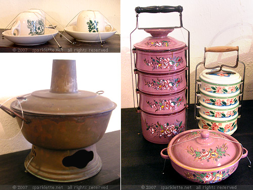 (Clockwise from top left) Coffee cups, Tiffin carriers, Steamboat