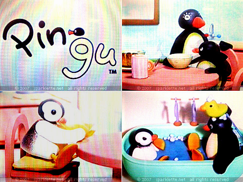 Pingu, a clay penguin cartoon playing on one of the on-flight entertainment channels