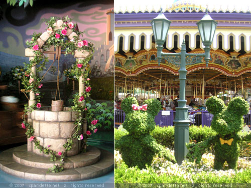 Well at Snow White's Adventure, Shrubs in the shape of Mickey & Minnie, Disneyland