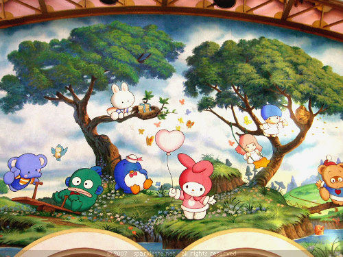 Colourful wall murals of Sanrio characters in Sanrio Puroland