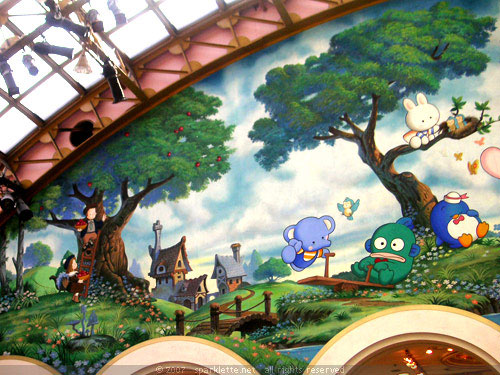 Colourful wall murals of Sanrio characters in Sanrio Puroland