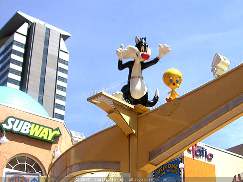 Sylvester the Cat and Tweety Bird balancing on an overhead crossbar