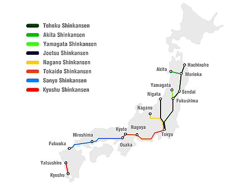 Route from Tokyo to Kyoto on the Tokaido Shinkansen line