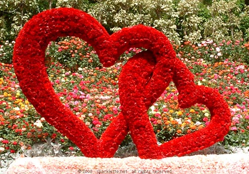 Floral display in the shape of couple hearts