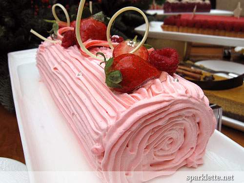 Lychee log cake with strawberry mousse